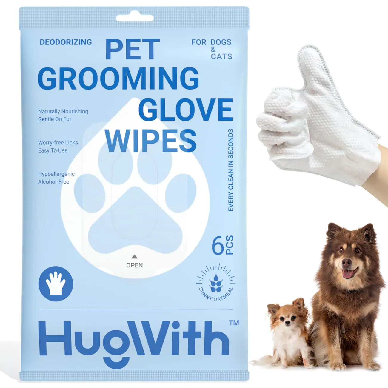 HugWith Grooming Glove Wipes Hypoallergenic Dog and Cat Cleaning Wipes
